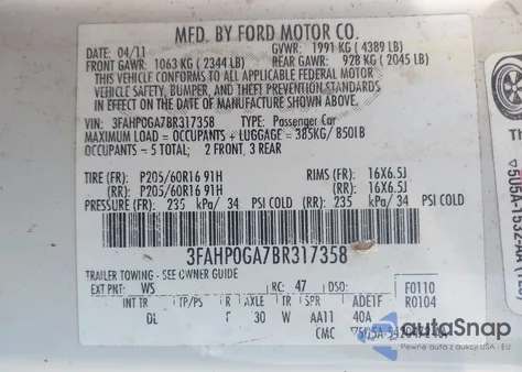 2011 Ford Fusion S из США, поврежденный, VIN 3FAHP0GA7BR317358